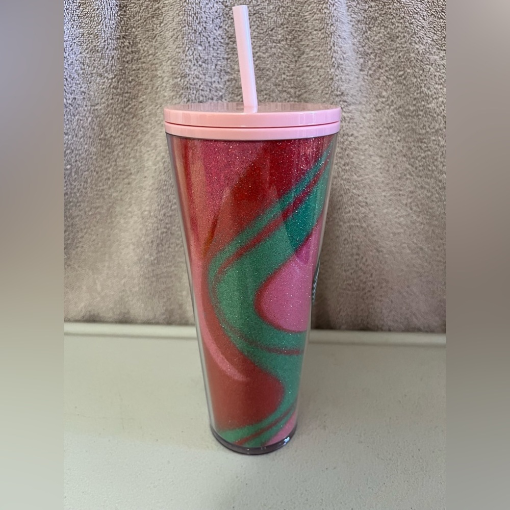 Starbucks 2020 Glitter Pink Green Swirl 24oz Holiday Tumbler with Straw NWT - Picture 5 of 10